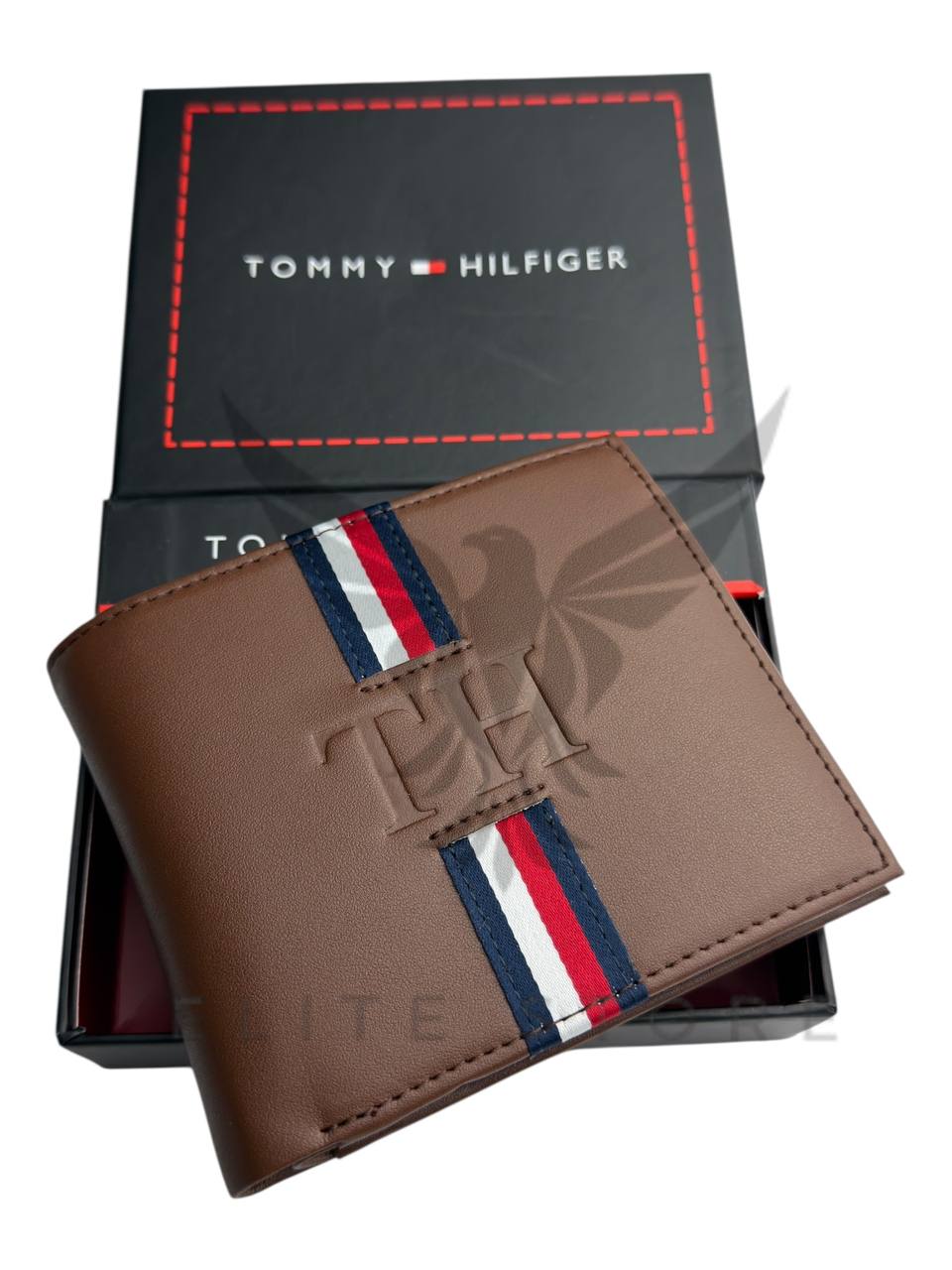 Men’s Tommy Hilfiger Wallet – Brown with Multicolor Tommy Stripe